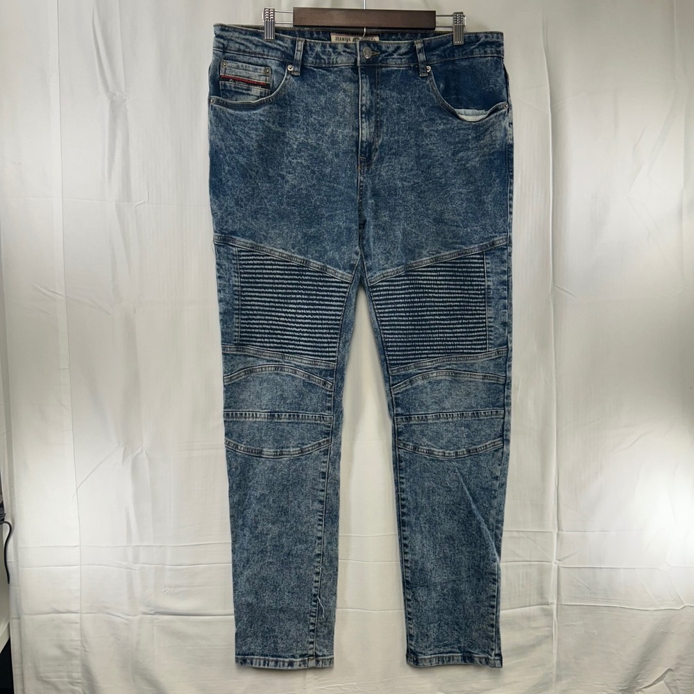 Akademiks‎ Moto Jeans Mens 38x32 Blue Acid Wash Ribbed Knee Streetwear